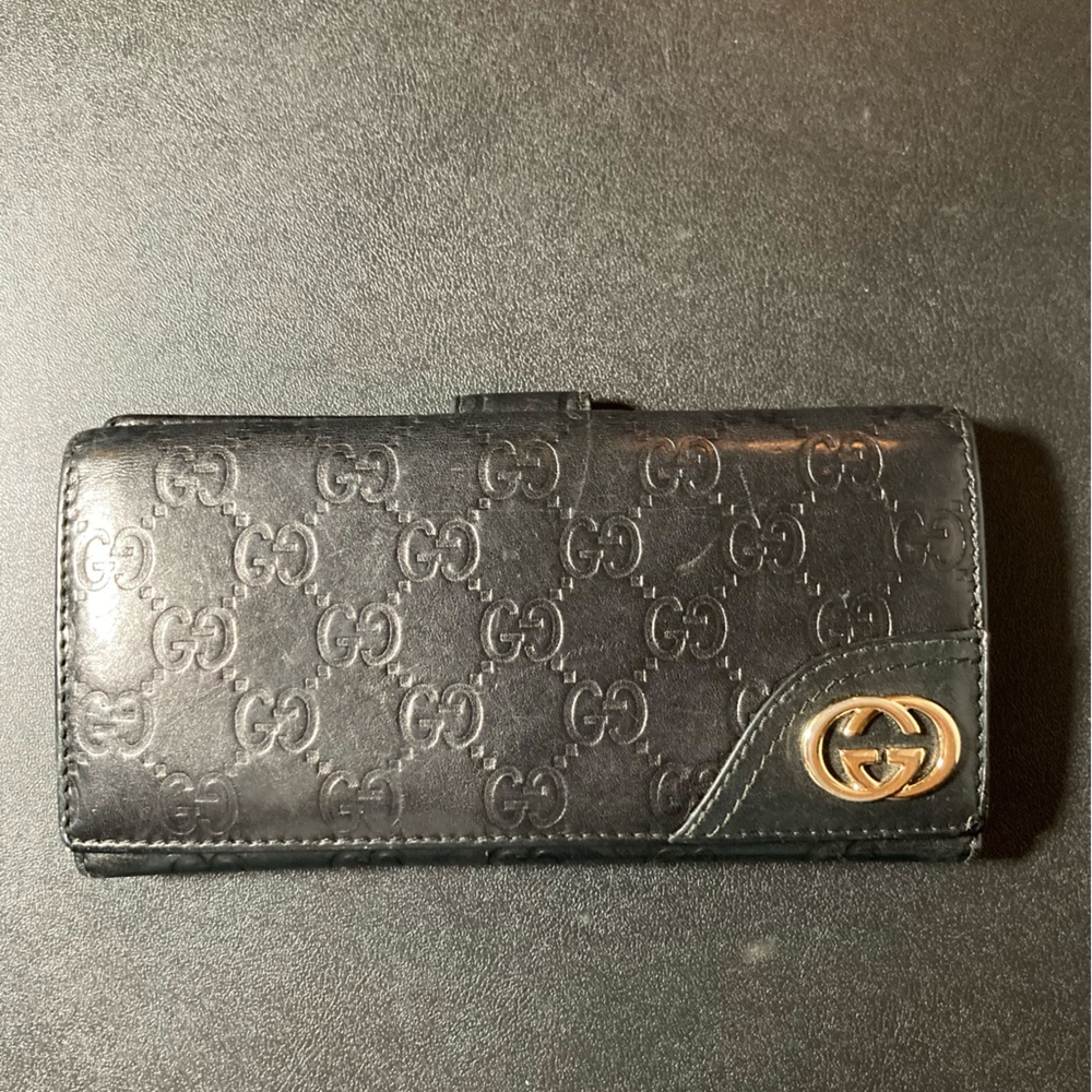 Gucci Black Leather Continental Wallet with Gold Double G